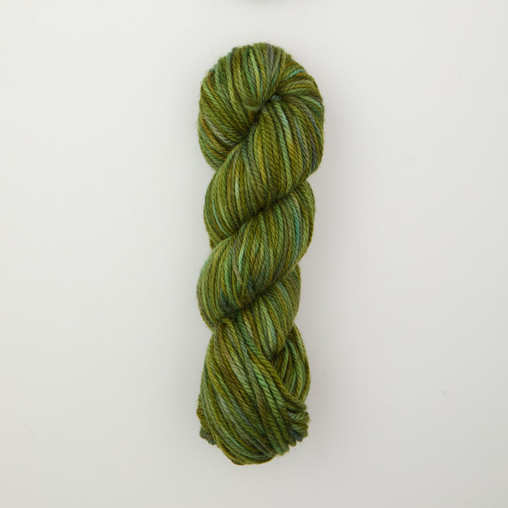 Fine punch needle yarn swatch in Backroads Green variegated colours