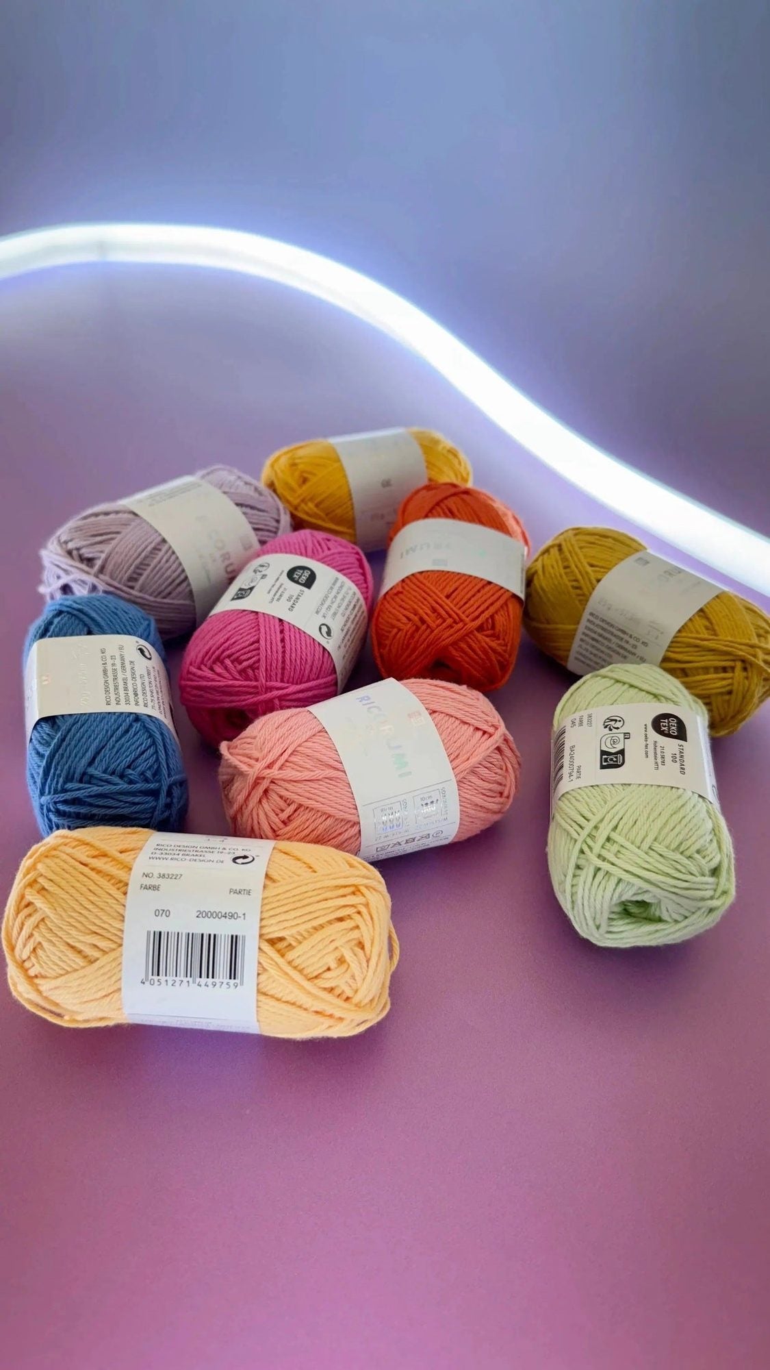Ricorumi DK cotton yarn balls arranged by colour